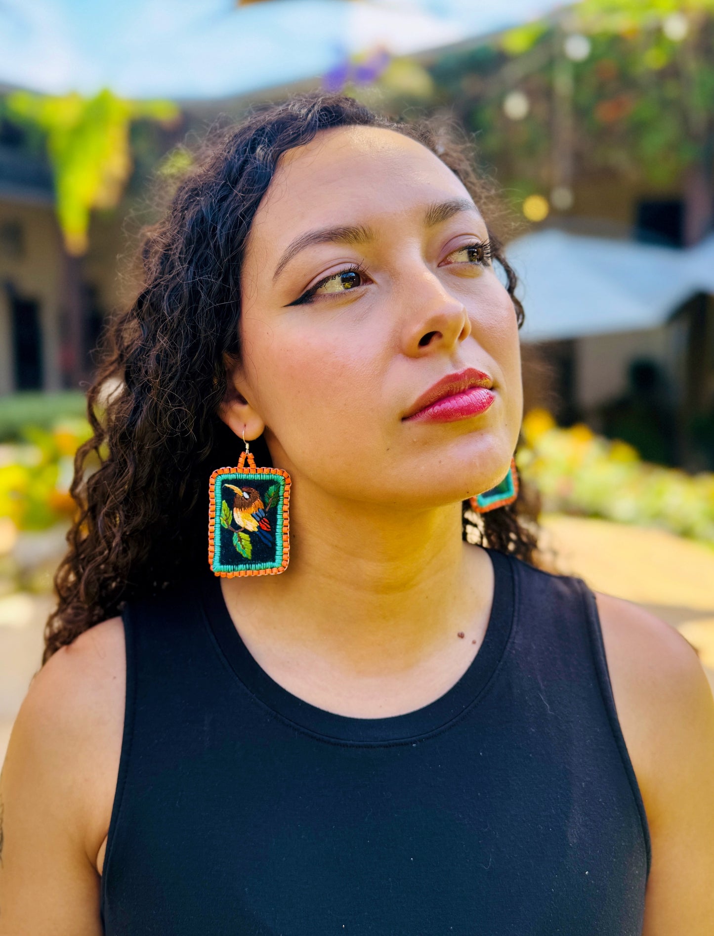 Artisan Guatemalan Embroidered Kingfisher Inspired Bird Earrings with Ceramic Clay Beads and Silver Hooks, orange