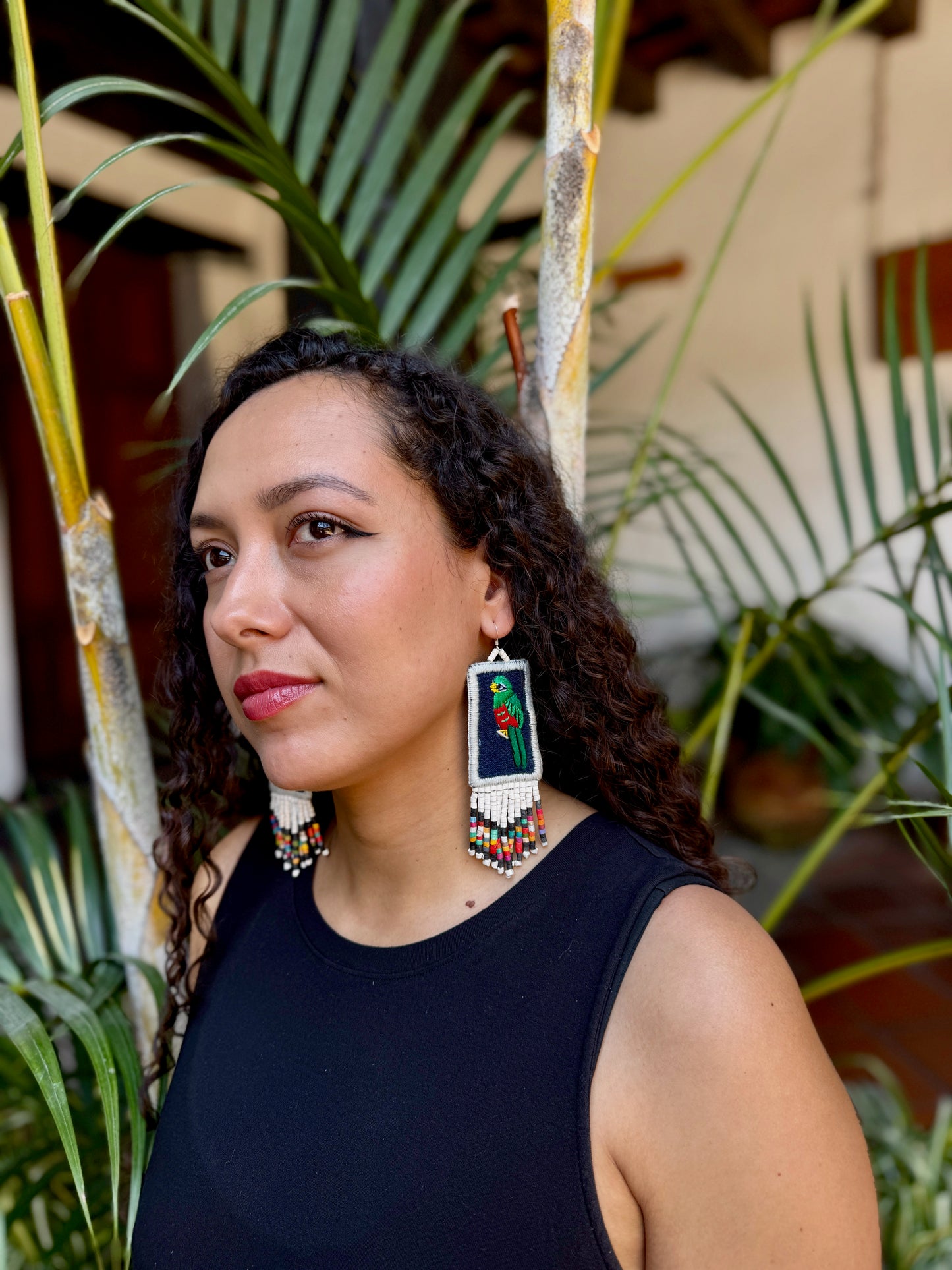 Handmade Guatemalan Embroidered Quetzal Earrings with Clay Bead Fringes and Silver Hooks, white multicolor