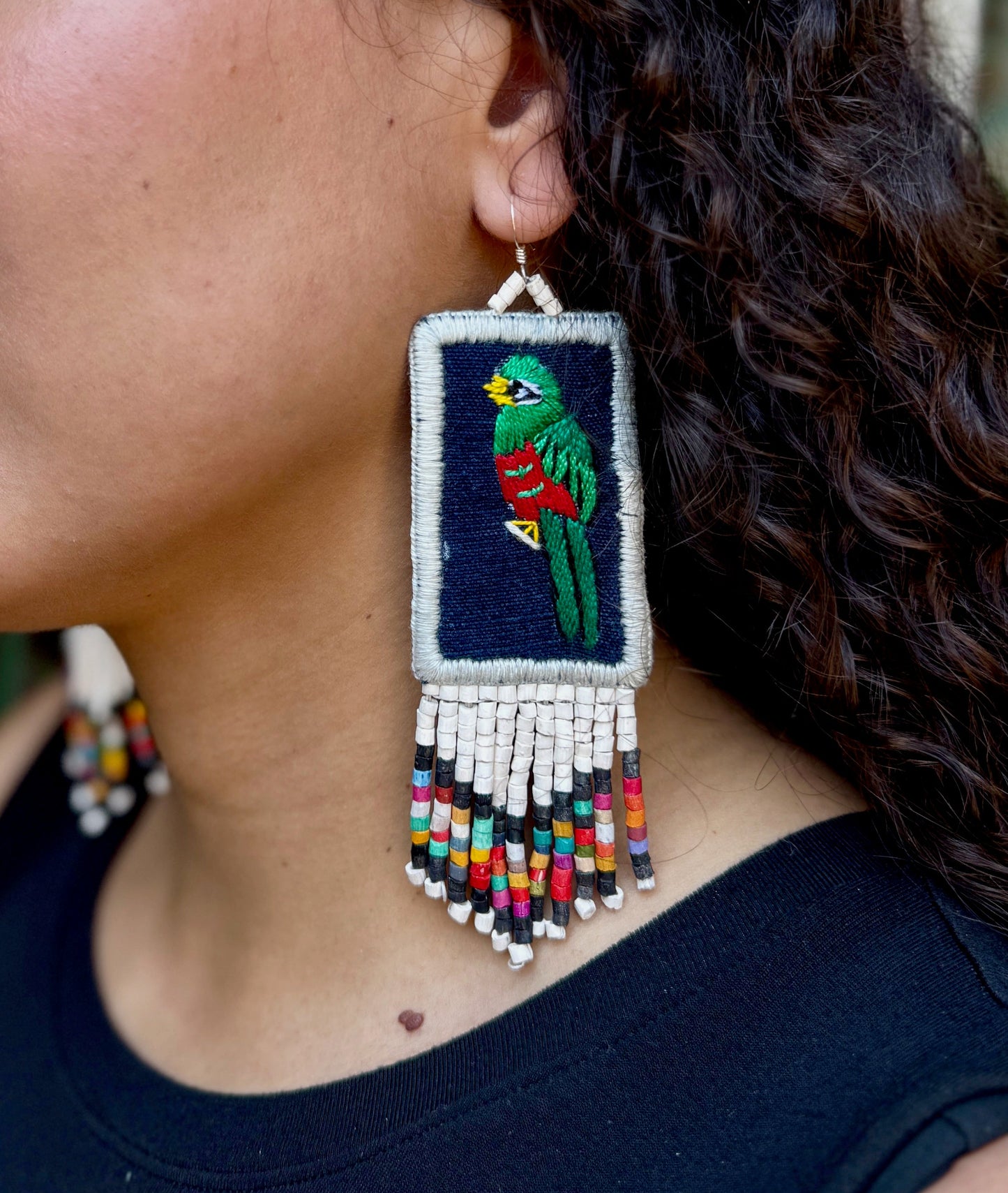 Handmade Guatemalan Embroidered Quetzal Earrings with Clay Bead Fringes and Silver Hooks, white multicolor