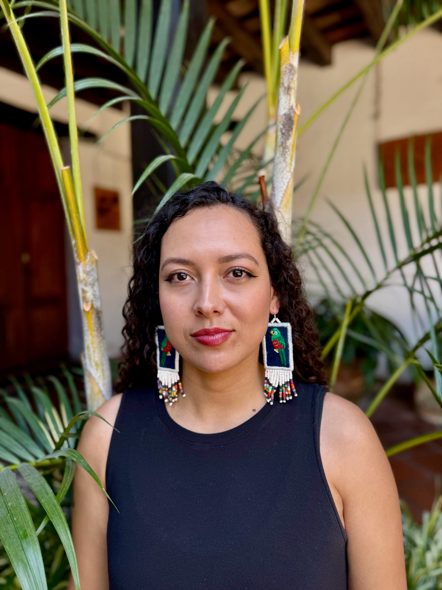 Handmade Guatemalan Embroidered Quetzal Earrings with Clay Bead Fringes and Silver Hooks, white multicolor