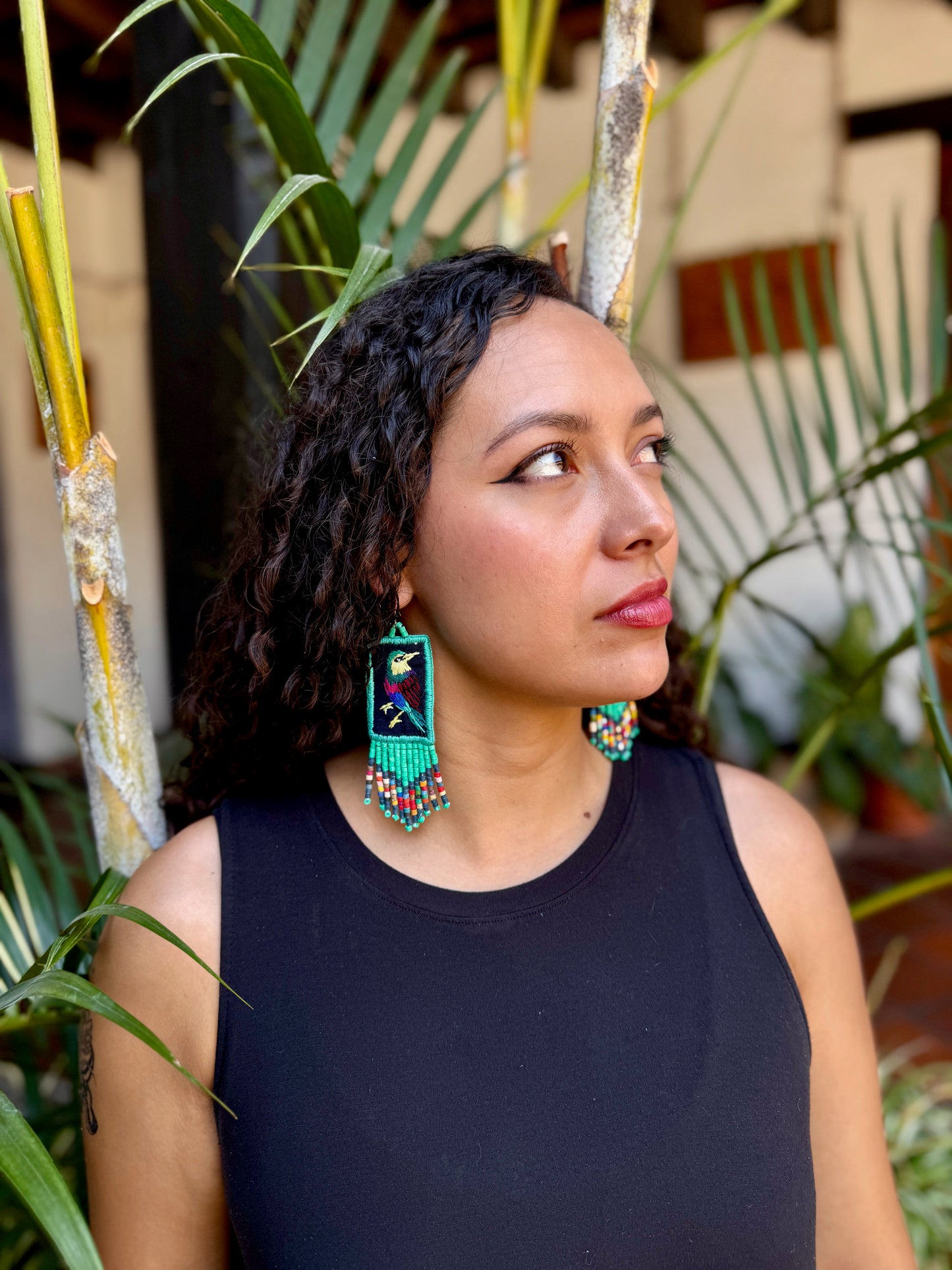 Handmade Guatemalan Embroidered Jay Inspired Bird Earrings with Clay Bead Fringes and Silver Hooks, turquoise multicolor