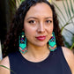 Handmade Guatemalan Embroidered Jay Inspired Bird Earrings with Clay Bead Fringes and Silver Hooks, turquoise multicolor
