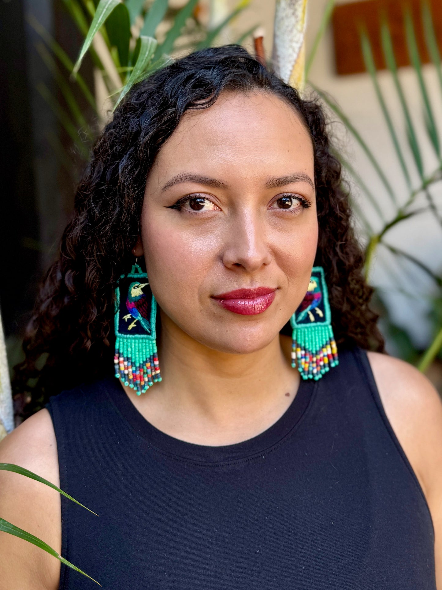 Handmade Guatemalan Embroidered Jay Inspired Bird Earrings with Clay Bead Fringes and Silver Hooks, turquoise multicolor