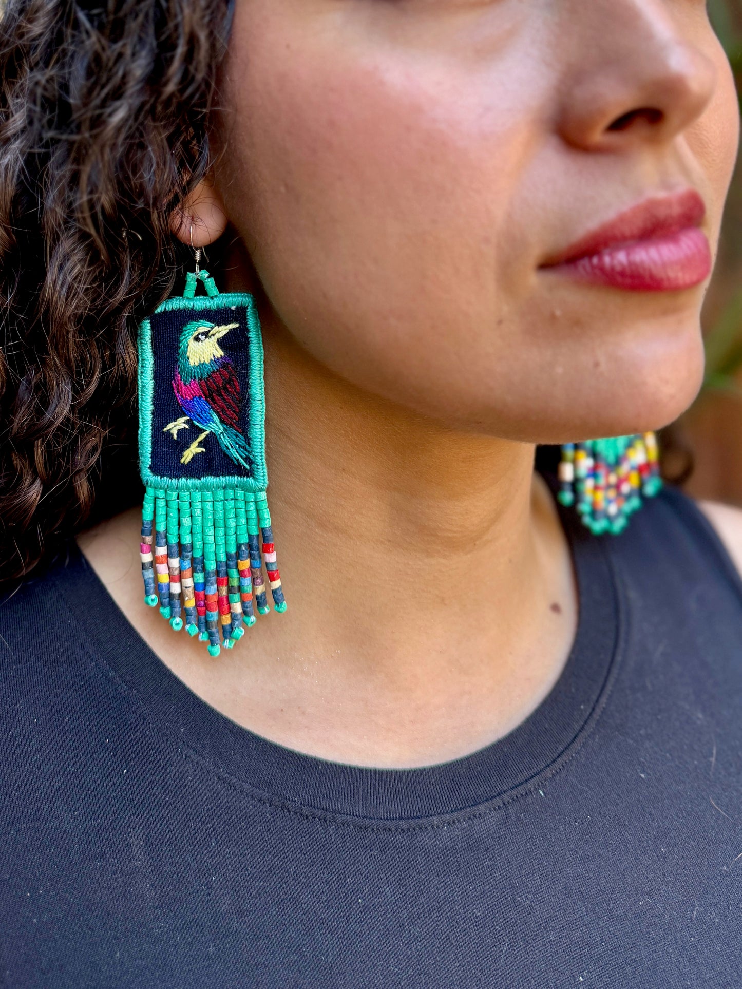 Handmade Guatemalan Embroidered Jay Inspired Bird Earrings with Clay Bead Fringes and Silver Hooks, turquoise multicolor