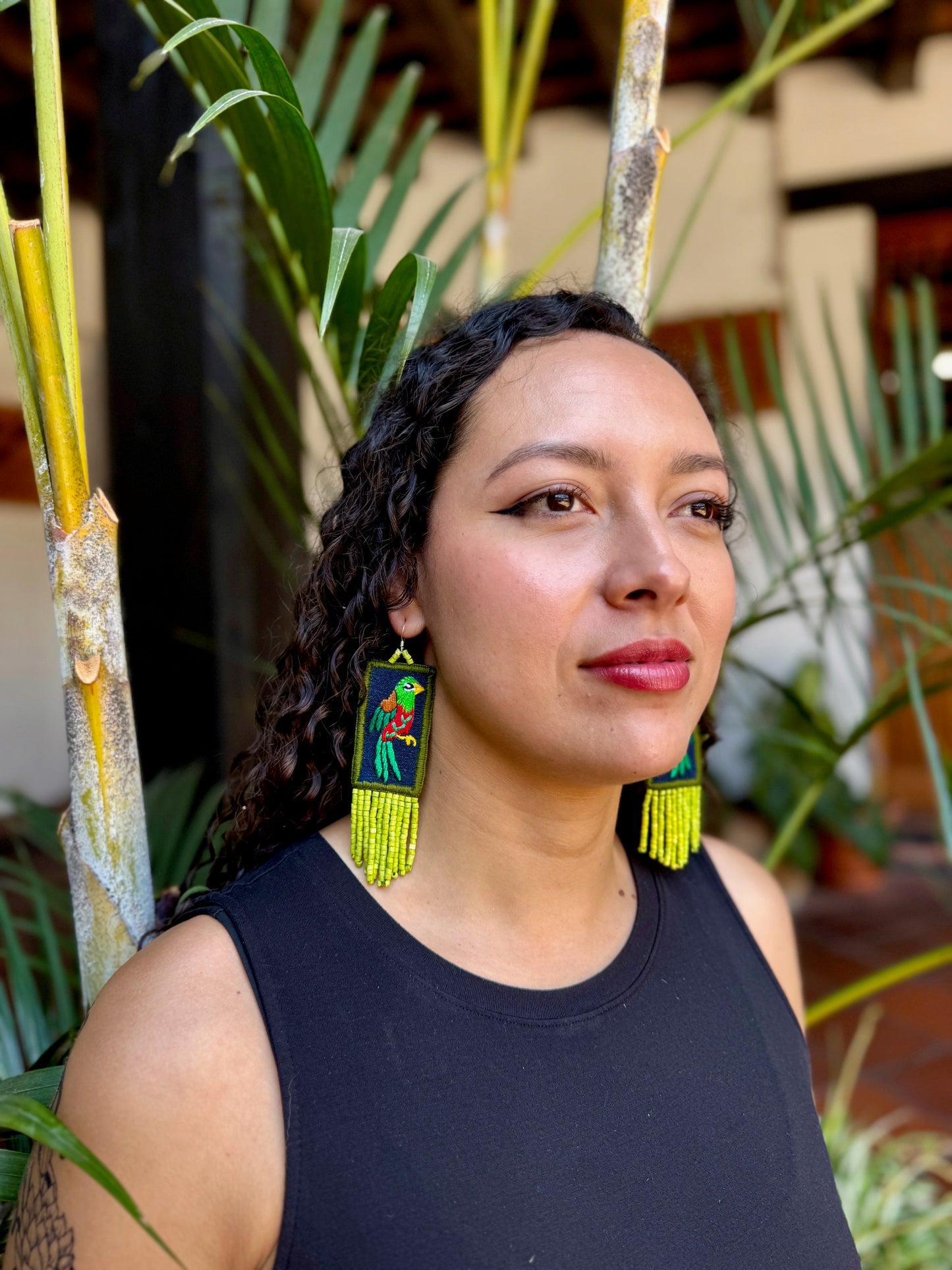 Handmade Guatemalan Embroidered Quetzal Bird Earrings with Clay Bead Fringes and Silver Hooks, green
