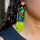 Handmade Guatemalan Embroidered Quetzal Bird Earrings with Clay Bead Fringes and Silver Hooks, green