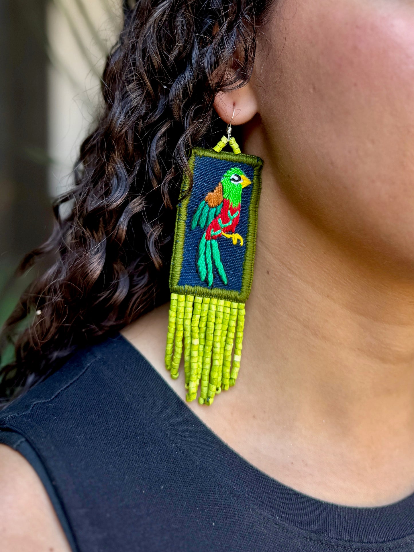 Handmade Guatemalan Embroidered Quetzal Bird Earrings with Clay Bead Fringes and Silver Hooks, green