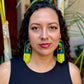 Handmade Guatemalan Embroidered Quetzal Bird Earrings with Clay Bead Fringes and Silver Hooks, green