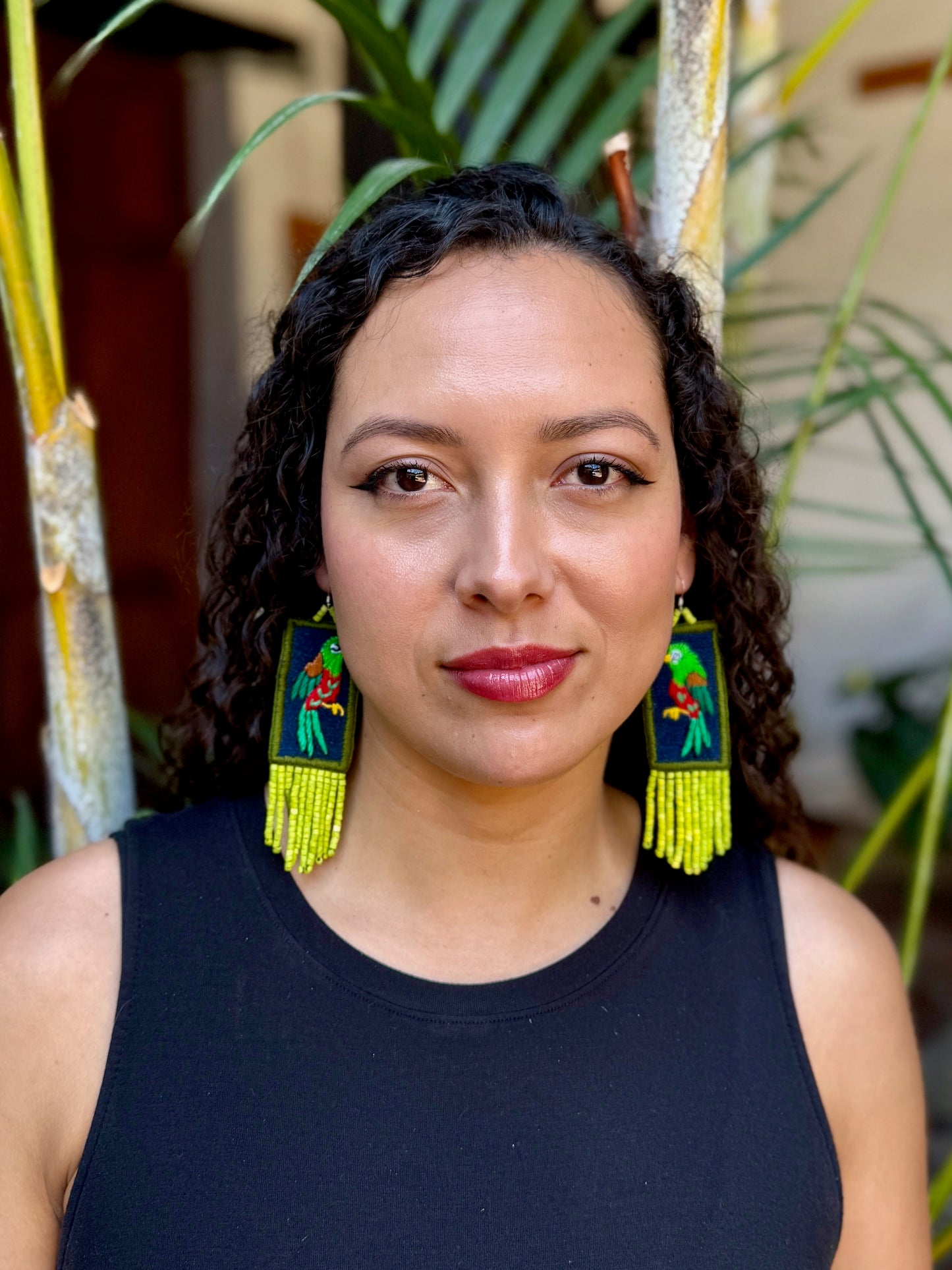 Handmade Guatemalan Embroidered Quetzal Bird Earrings with Clay Bead Fringes and Silver Hooks, green