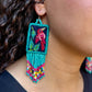 Handmade Guatemalan Embroidered Quetzal Inspired Earrings with Clay Bead Fringes and Silver Hooks, celeste pink multicolor