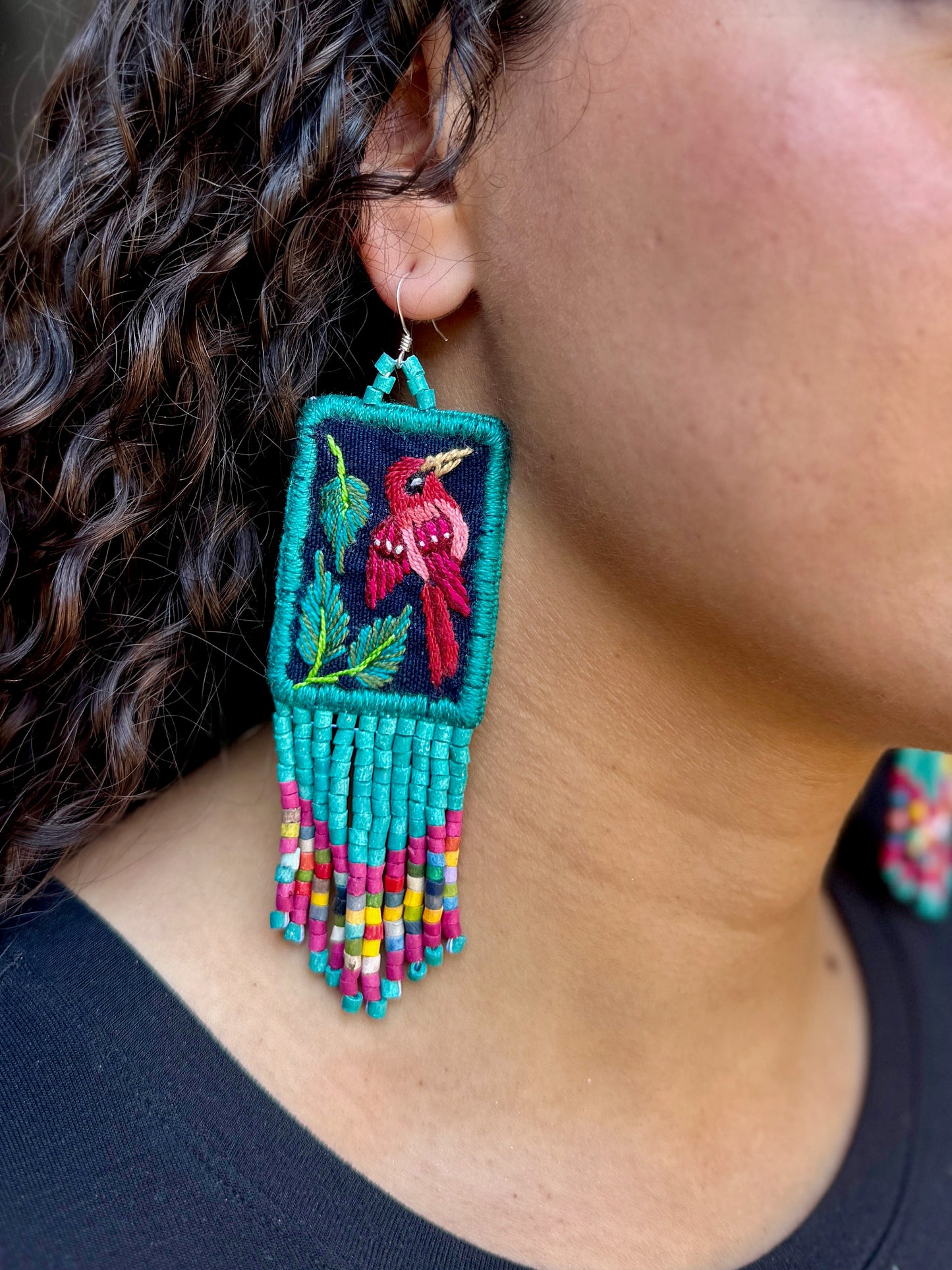 Handmade Guatemalan Embroidered Quetzal Inspired Earrings with Clay Bead Fringes and Silver Hooks, celeste pink multicolor