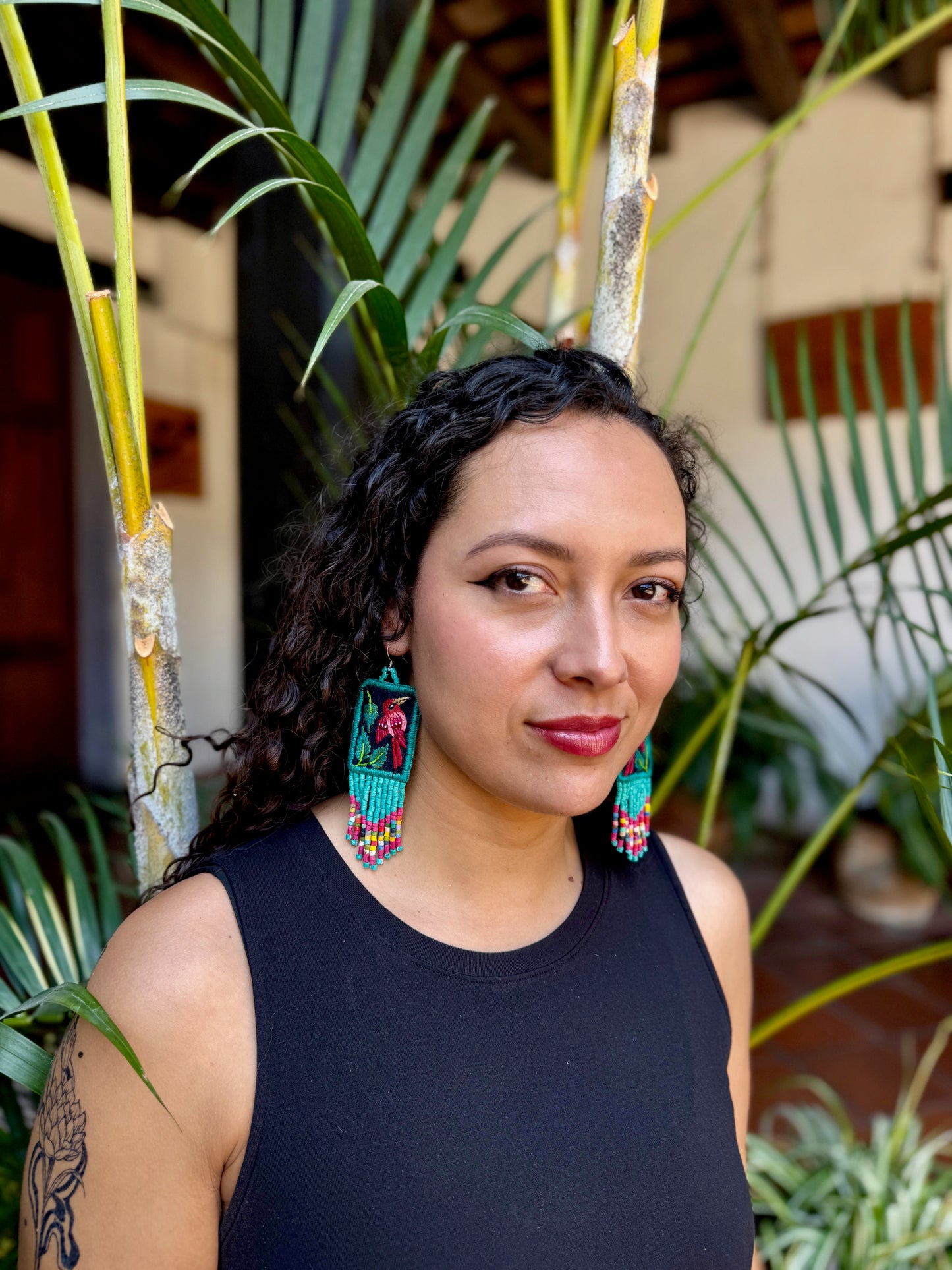 Handmade Guatemalan Embroidered Quetzal Inspired Earrings with Clay Bead Fringes and Silver Hooks, celeste pink multicolor