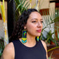 Handmade Guatemalan Embroidered Quetzal Earrings with Clay Bead Fringes and Silver Hooks, green celeste