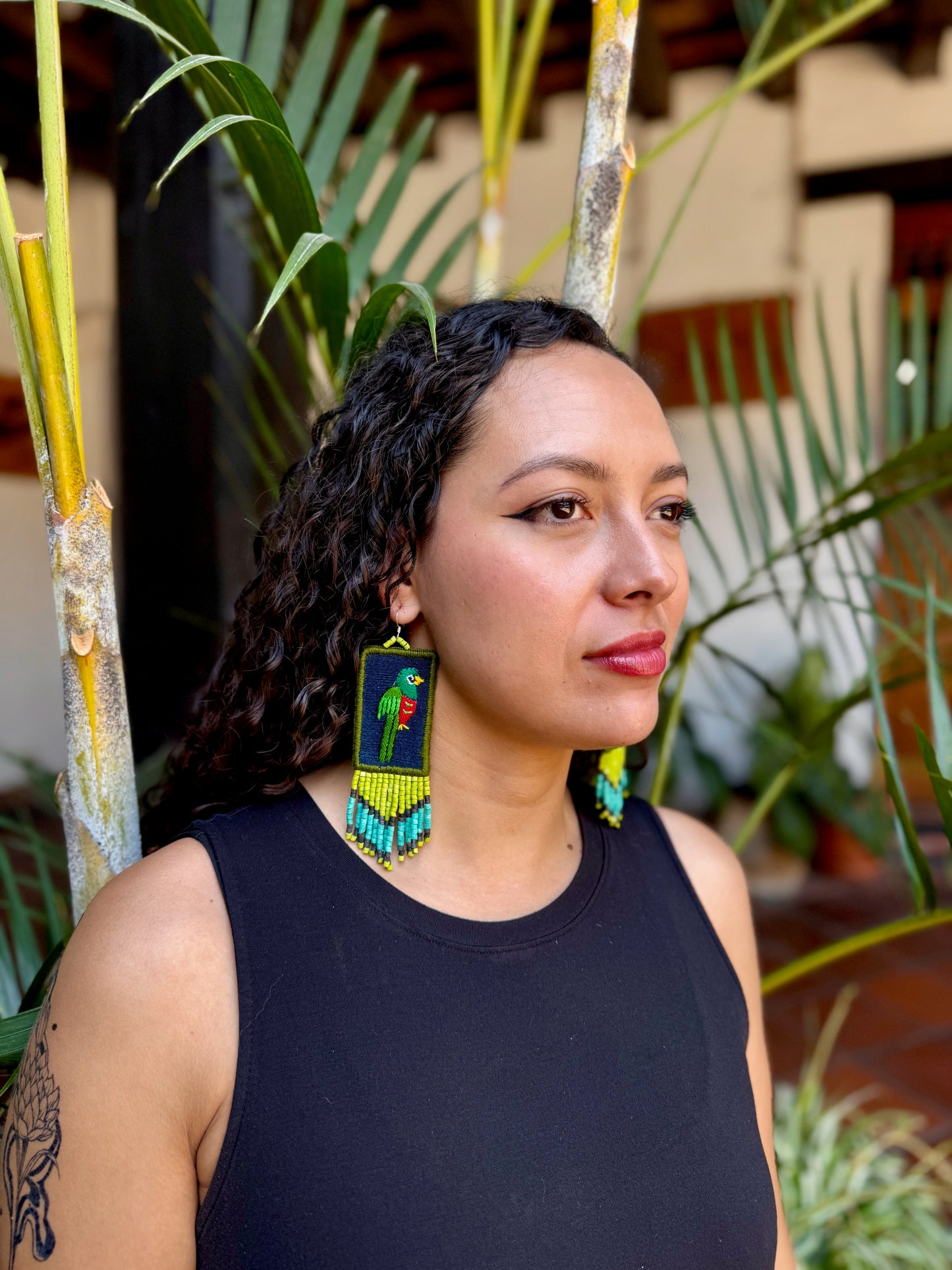Handmade Guatemalan Embroidered Quetzal Earrings with Clay Bead Fringes and Silver Hooks, green celeste