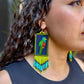 Handmade Guatemalan Embroidered Quetzal Earrings with Clay Bead Fringes and Silver Hooks, green celeste