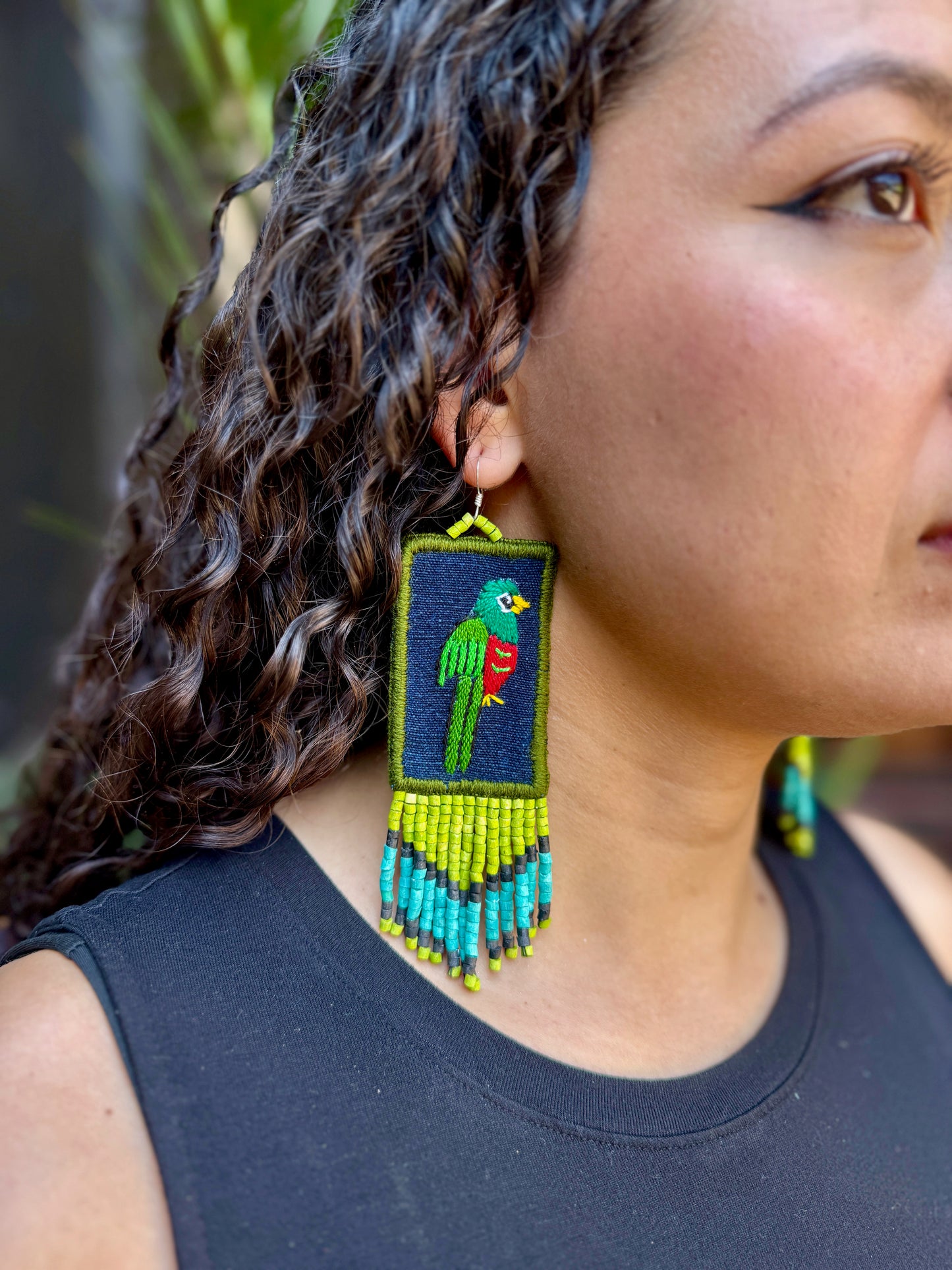 Handmade Guatemalan Embroidered Quetzal Earrings with Clay Bead Fringes and Silver Hooks, green celeste