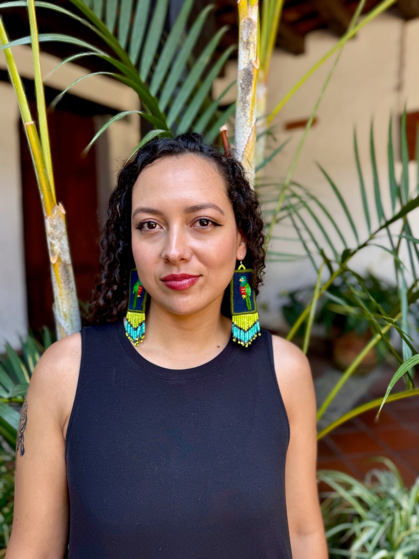 Handmade Guatemalan Embroidered Quetzal Earrings with Clay Bead Fringes and Silver Hooks, green celeste