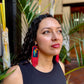 Handmade Guatemalan Embroidered Guacamaya Bird Inspired Earrings with Clay Bead Fringes and Silver Hooks, red