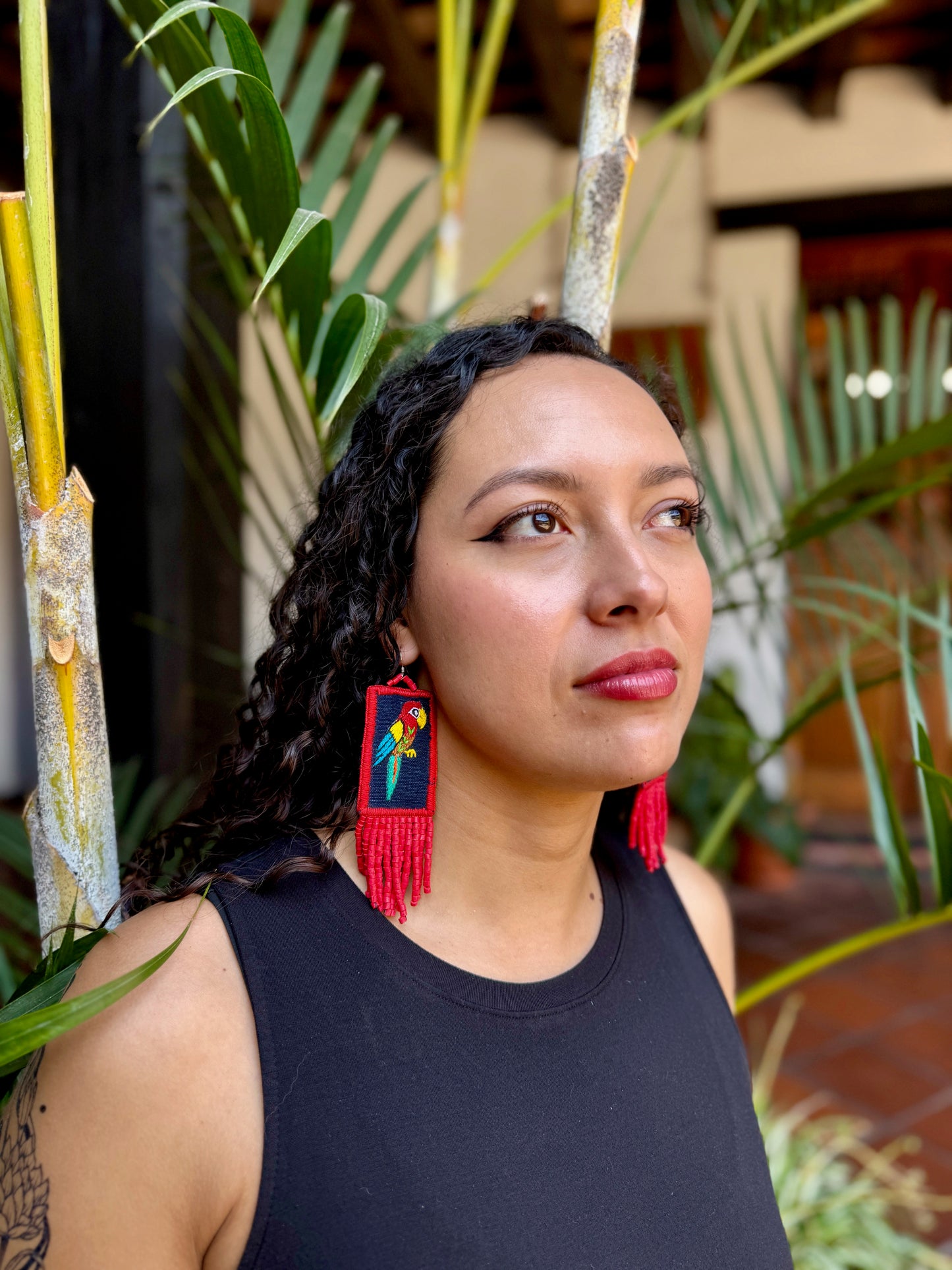 Handmade Guatemalan Embroidered Guacamaya Bird Inspired Earrings with Clay Bead Fringes and Silver Hooks, red