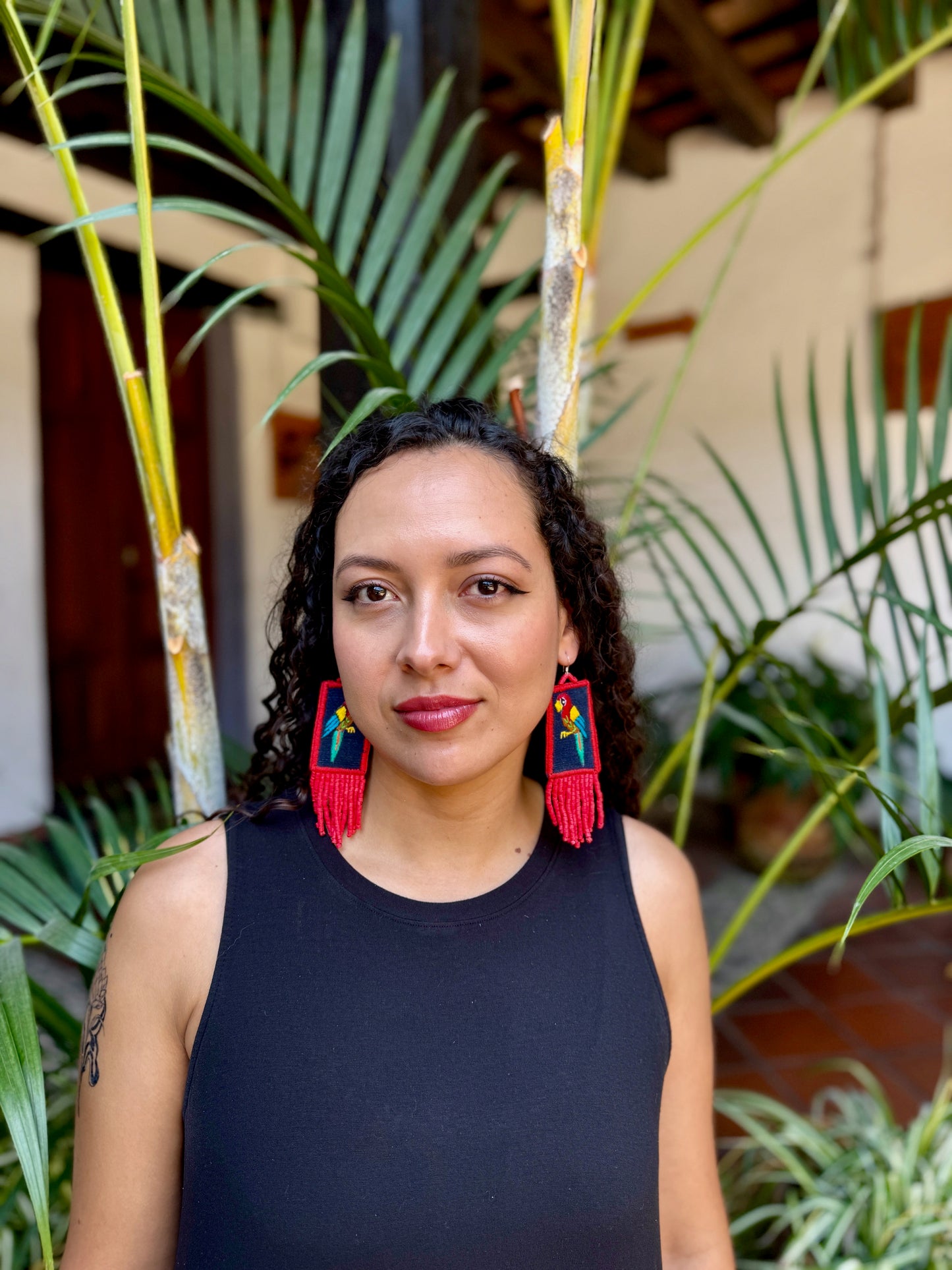 Handmade Guatemalan Embroidered Guacamaya Bird Inspired Earrings with Clay Bead Fringes and Silver Hooks, red