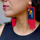 Handmade Guatemalan Embroidered Guacamaya Bird Inspired Earrings with Clay Bead Fringes and Silver Hooks, red