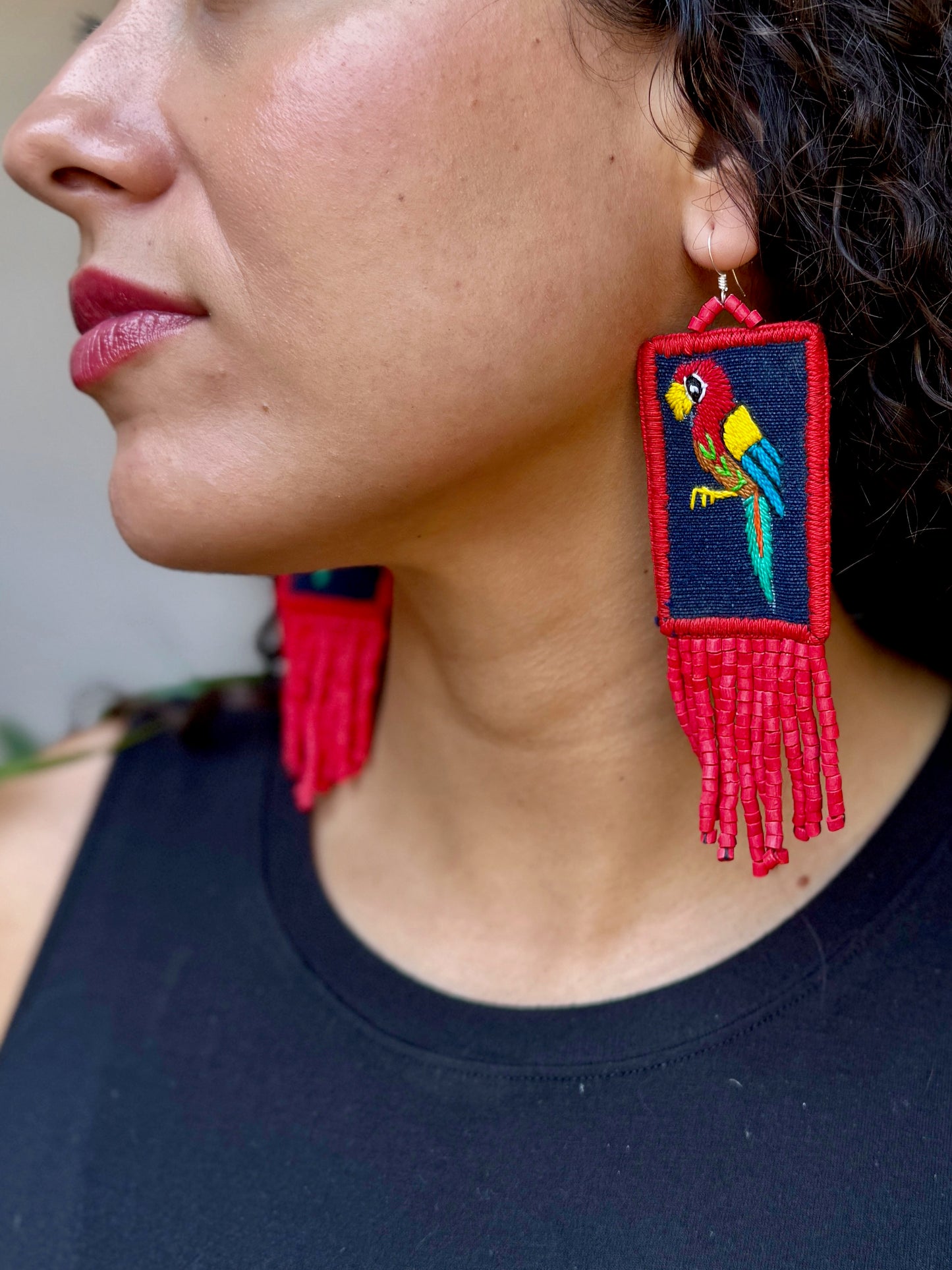 Handmade Guatemalan Embroidered Guacamaya Bird Inspired Earrings with Clay Bead Fringes and Silver Hooks, red