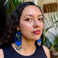 Handmade Guatemalan Embroidered Hummingbird Earrings with Clay Bead Fringes and Silver Hooks, royal blue