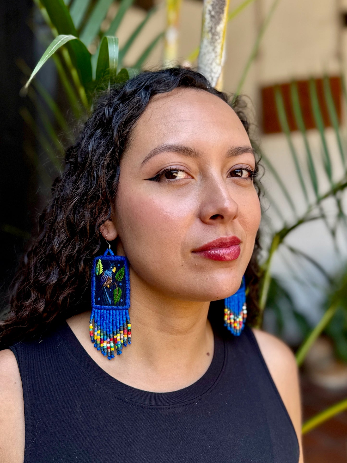 Handmade Guatemalan Embroidered Hummingbird Earrings with Clay Bead Fringes and Silver Hooks, royal blue