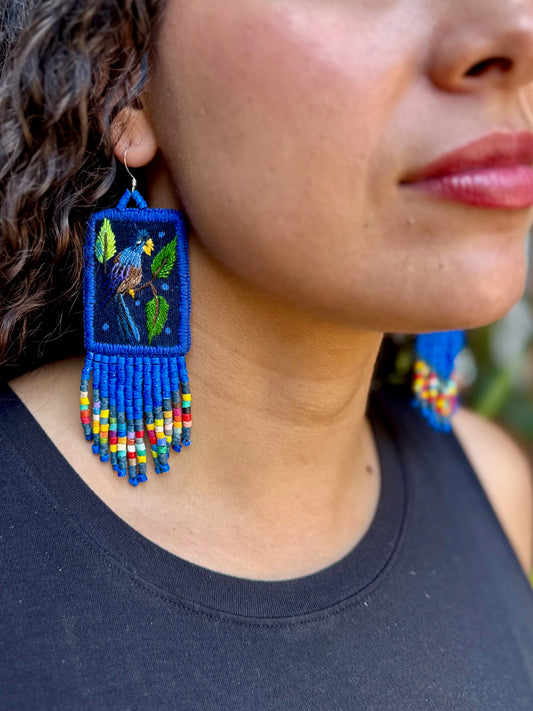 Handmade Guatemalan Embroidered Hummingbird Earrings with Clay Bead Fringes and Silver Hooks, royal blue