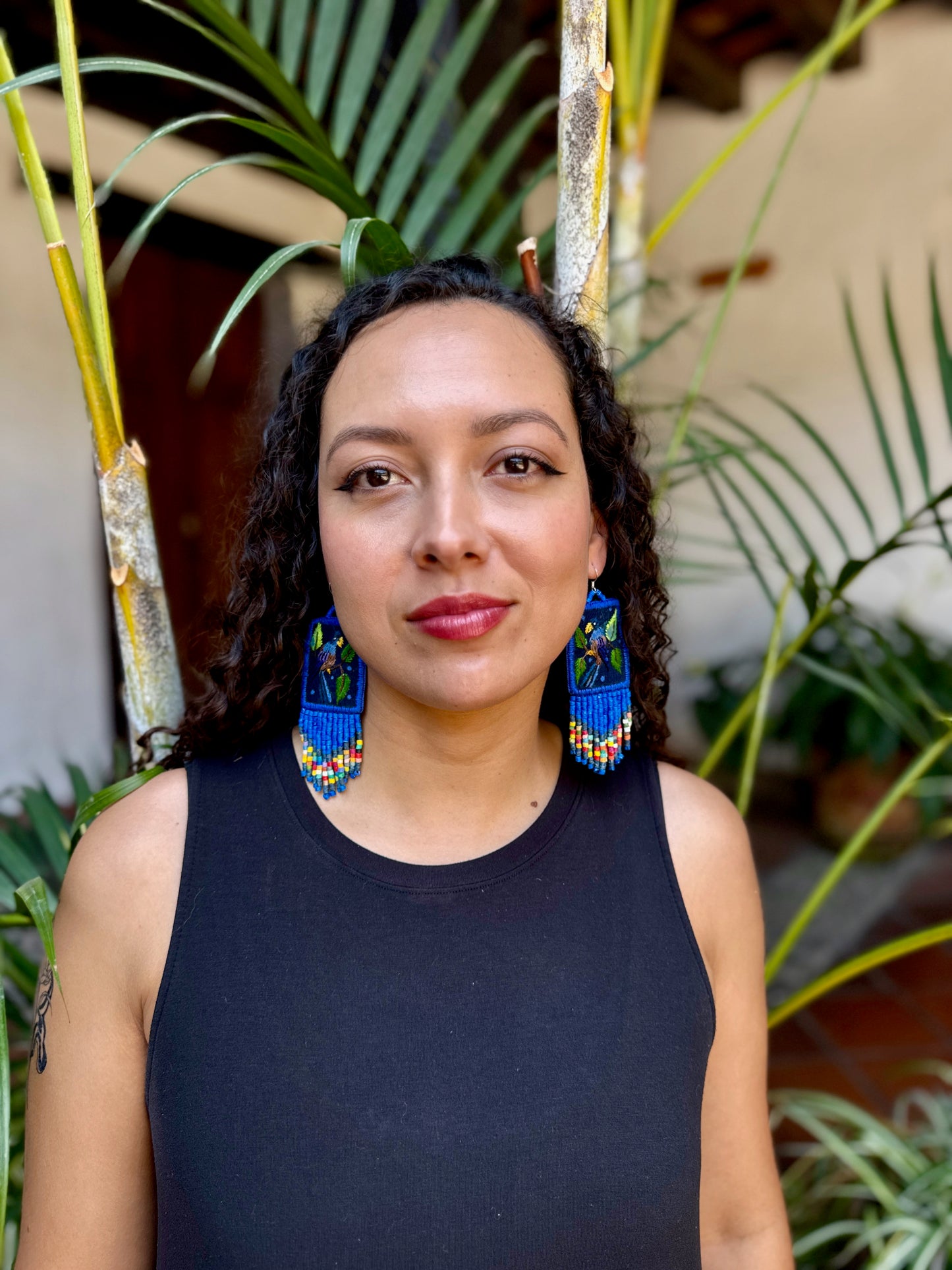 Handmade Guatemalan Embroidered Hummingbird Earrings with Clay Bead Fringes and Silver Hooks, royal blue