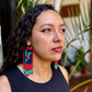 Handmade Guatemalan Embroidered Hummingbird Earrings with Clay Bead Fringes and Silver Hooks, red light blue