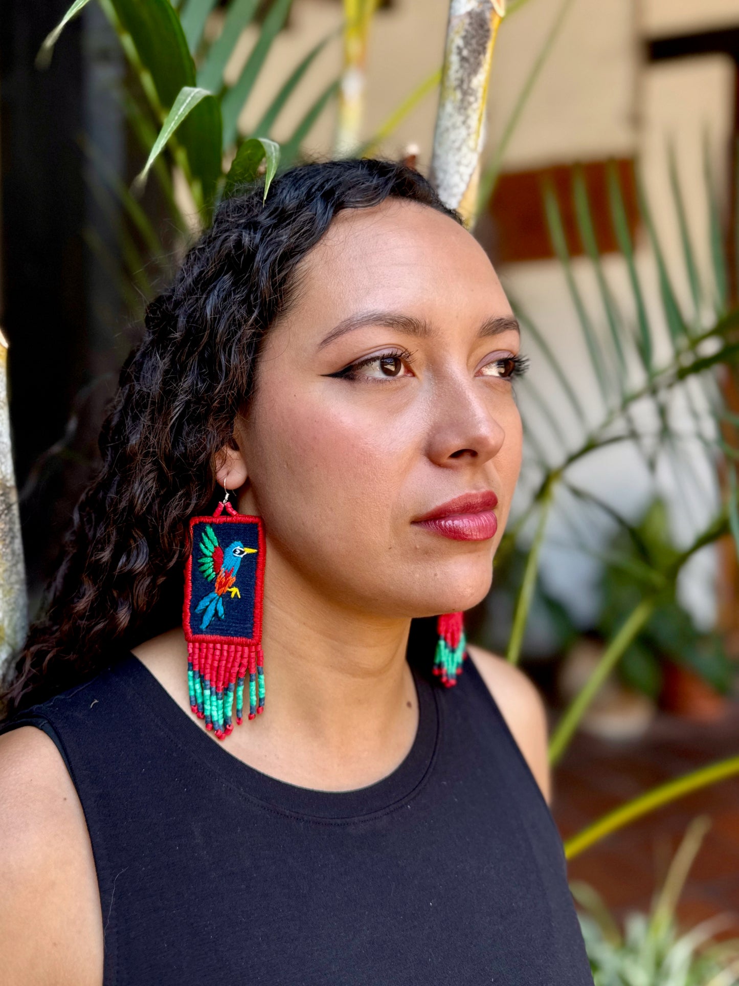 Handmade Guatemalan Embroidered Hummingbird Earrings with Clay Bead Fringes and Silver Hooks, red light blue