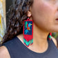 Handmade Guatemalan Embroidered Hummingbird Earrings with Clay Bead Fringes and Silver Hooks, red light blue
