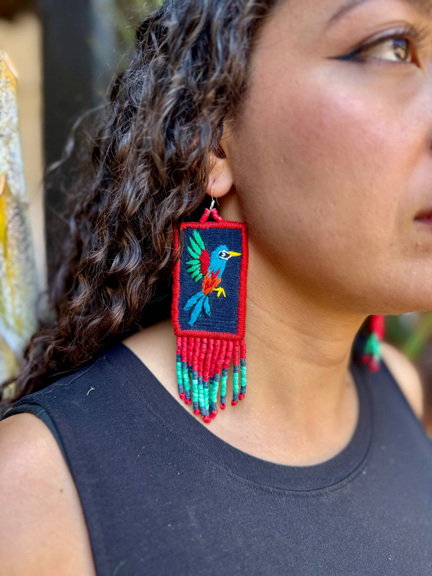 Handmade Guatemalan Embroidered Hummingbird Earrings with Clay Bead Fringes and Silver Hooks, red light blue