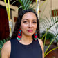 Handmade Guatemalan Embroidered Hummingbird Earrings with Clay Bead Fringes and Silver Hooks, red light blue