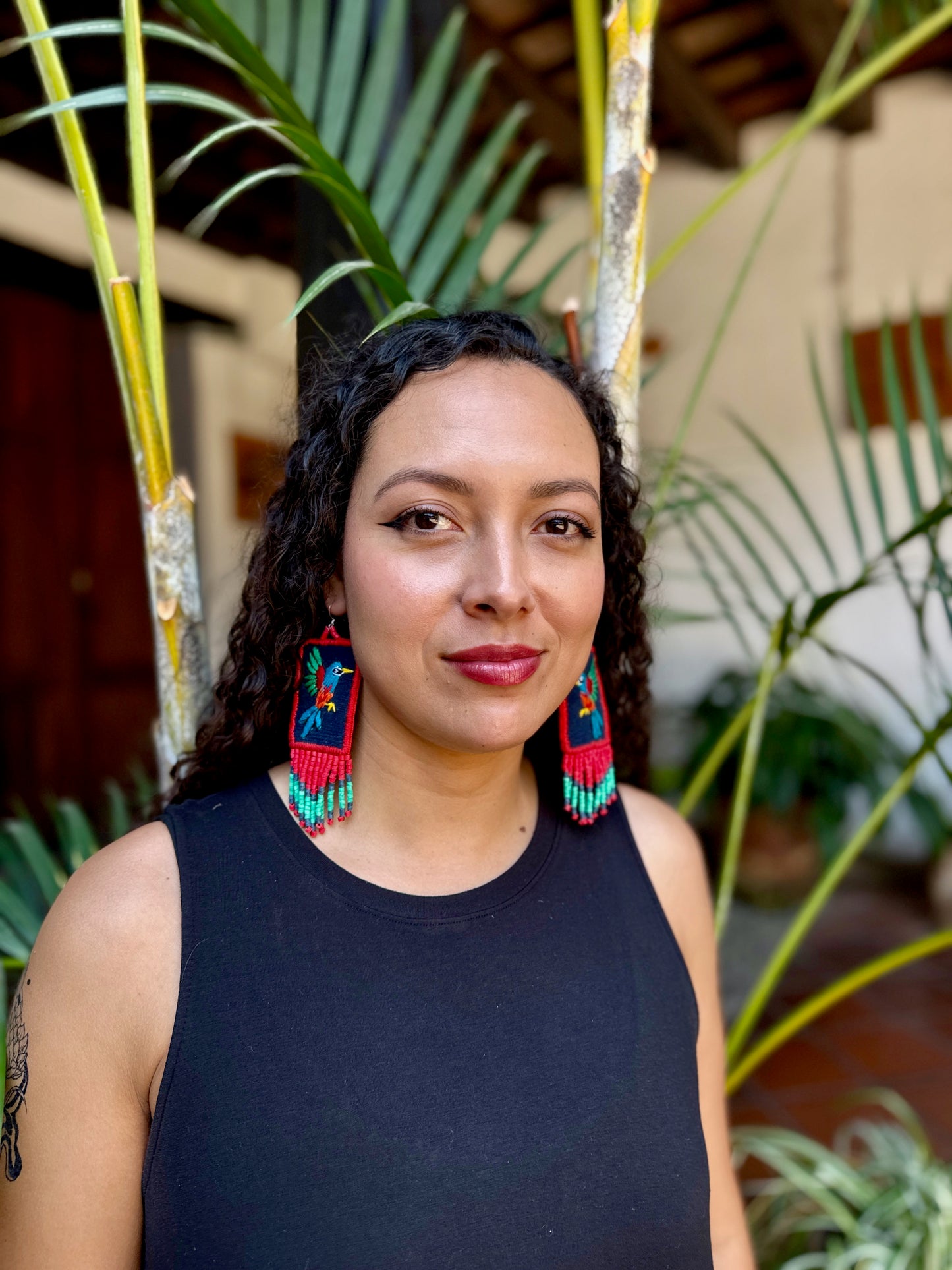 Handmade Guatemalan Embroidered Hummingbird Earrings with Clay Bead Fringes and Silver Hooks, red light blue