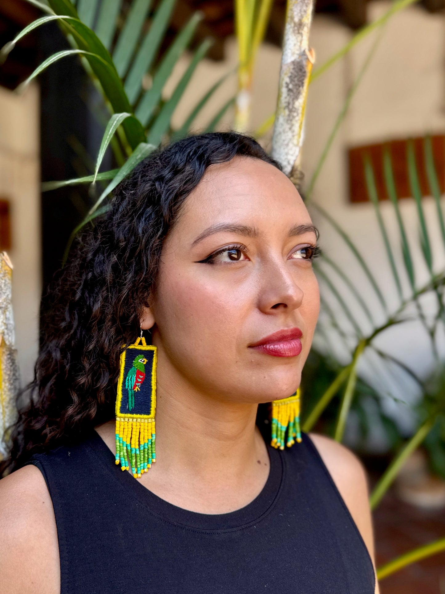Handmade Guatemalan Embroidered Quetzal Bird Earrings with Clay Bead Fringes and Silver Hooks, yellow green