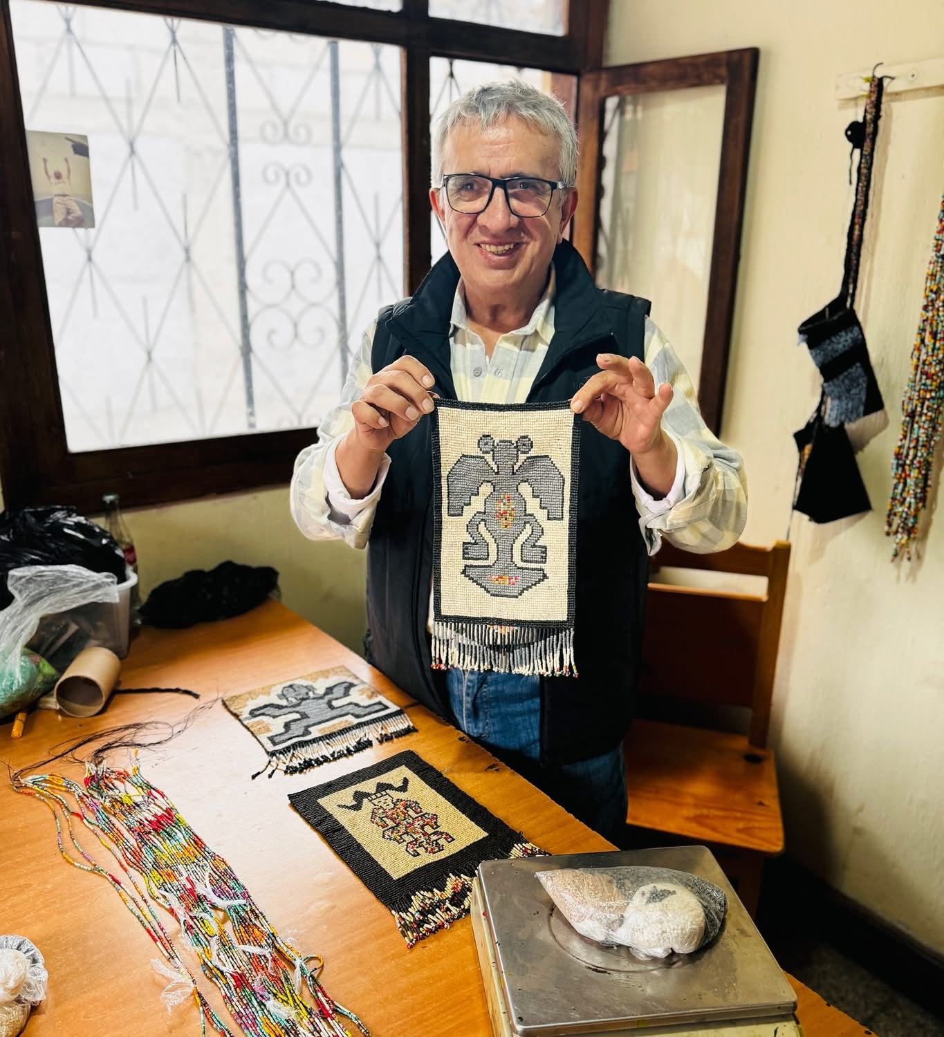 One-of-a-Kind Beaded Wall Art Hanging with Native Motifs - Handmade Ceramic Beads