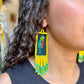 Handmade Guatemalan Embroidered Quetzal Bird Earrings with Clay Bead Fringes and Silver Hooks, yellow green