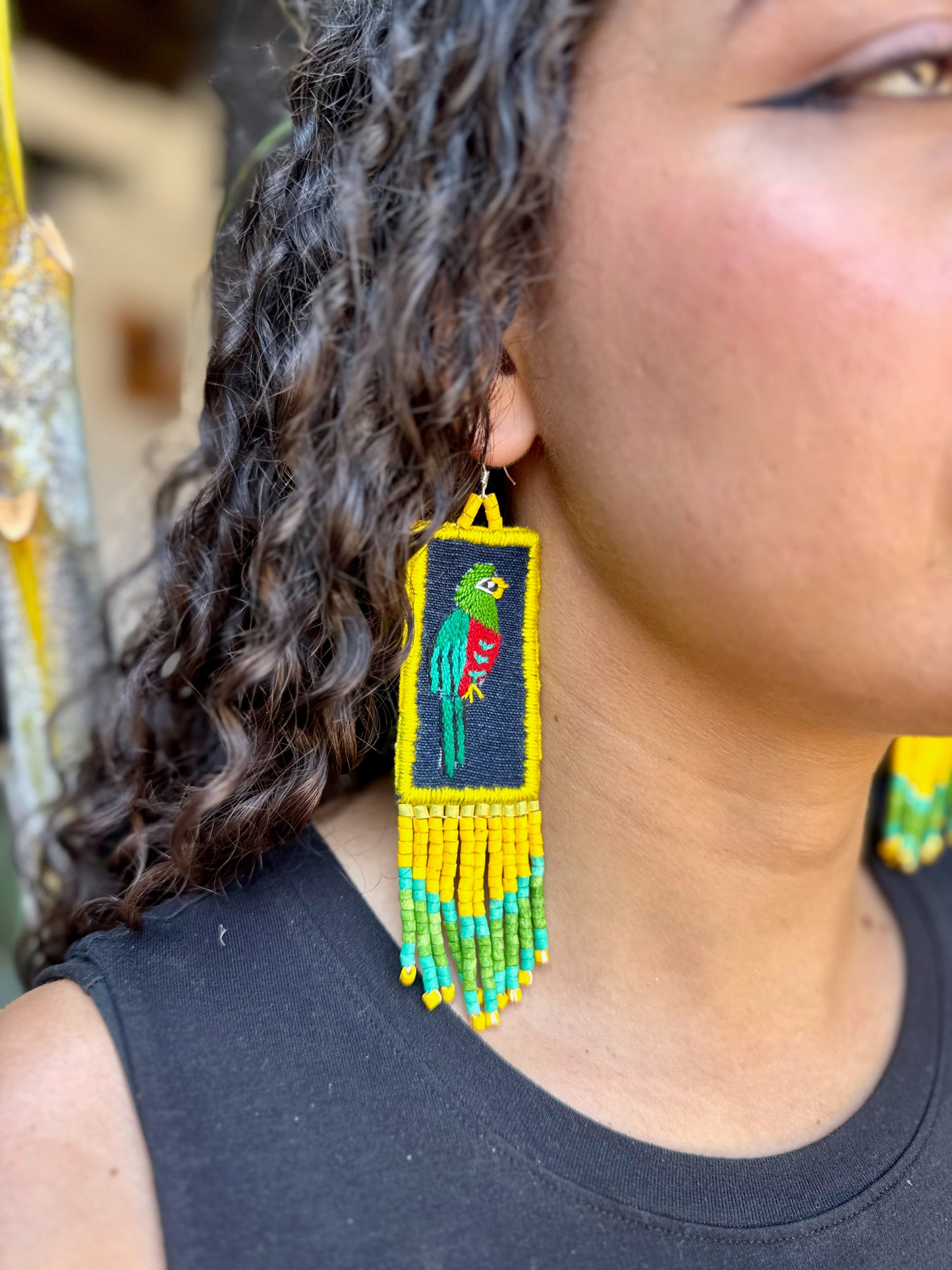 Handmade Guatemalan Embroidered Quetzal Bird Earrings with Clay Bead Fringes and Silver Hooks, yellow green
