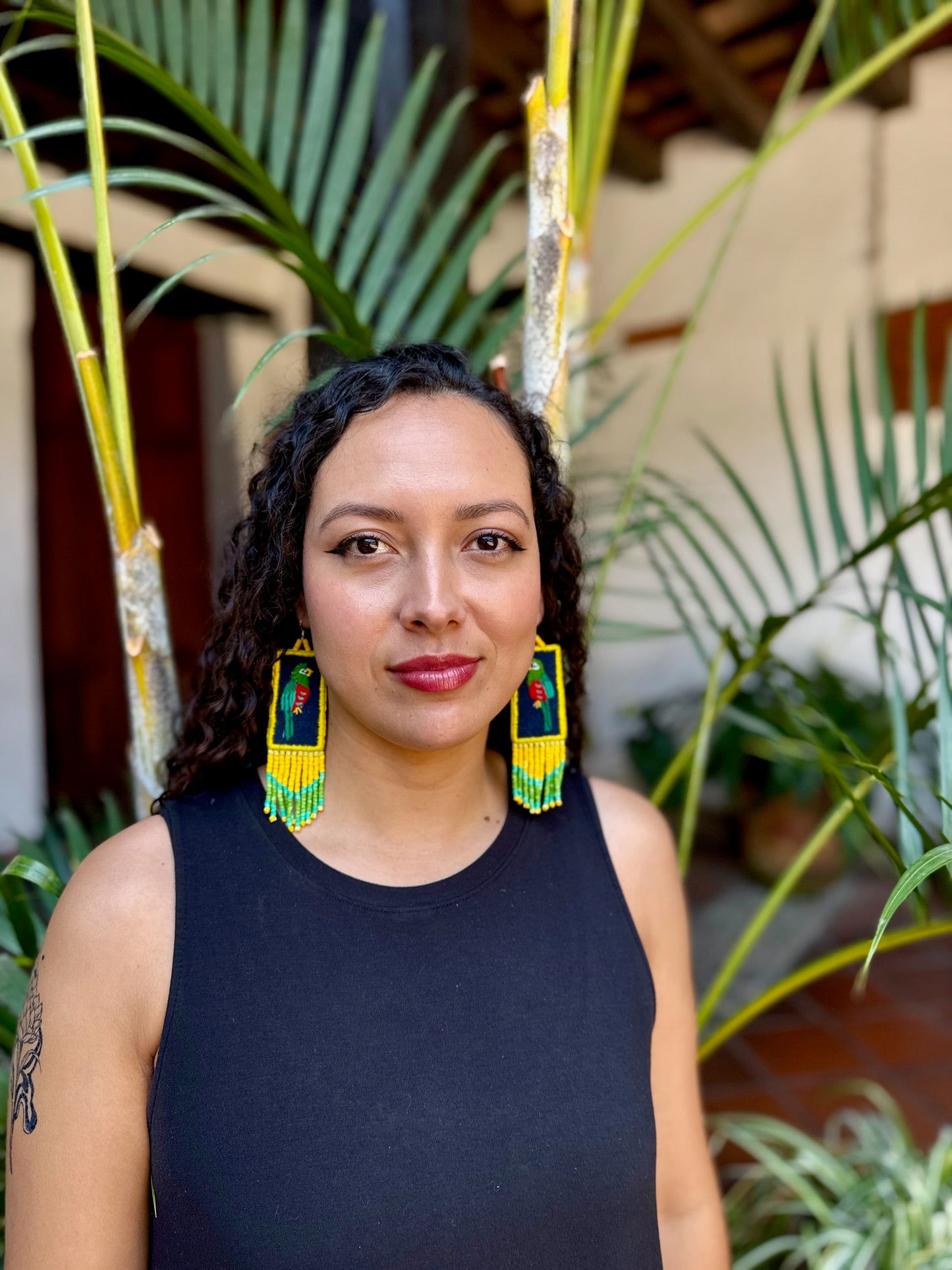 Handmade Guatemalan Embroidered Quetzal Bird Earrings with Clay Bead Fringes and Silver Hooks, yellow green
