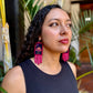 Handmade Guatemalan Embroidered Ibis Inspired Bird Earrings with Clay Bead Fringes and Silver Hooks, magenta