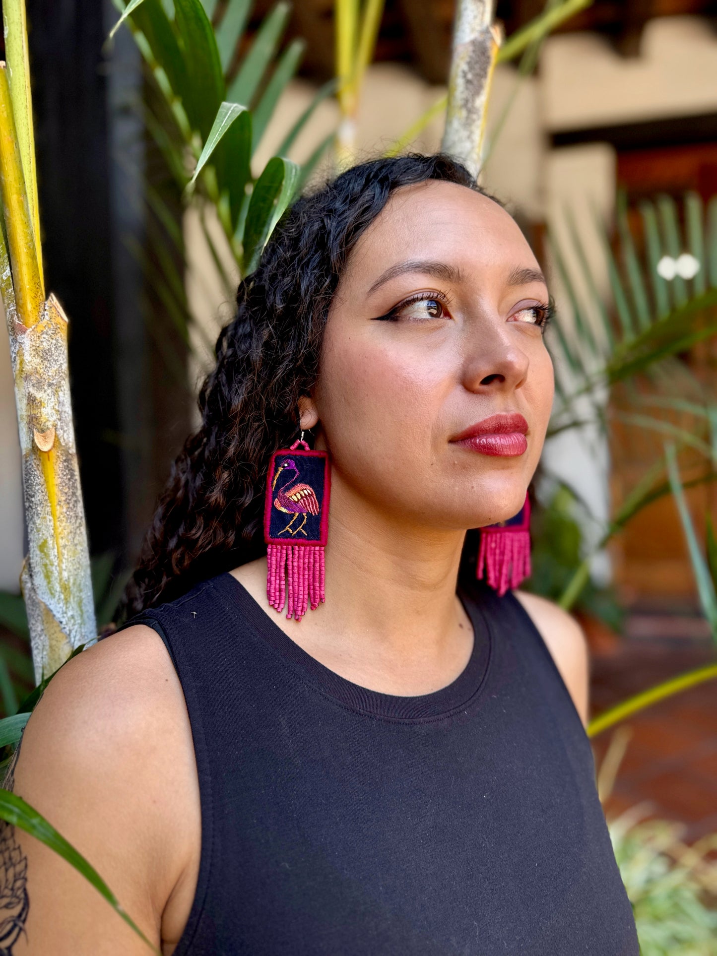 Handmade Guatemalan Embroidered Ibis Inspired Bird Earrings with Clay Bead Fringes and Silver Hooks, magenta