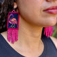 Handmade Guatemalan Embroidered Ibis Inspired Bird Earrings with Clay Bead Fringes and Silver Hooks, magenta