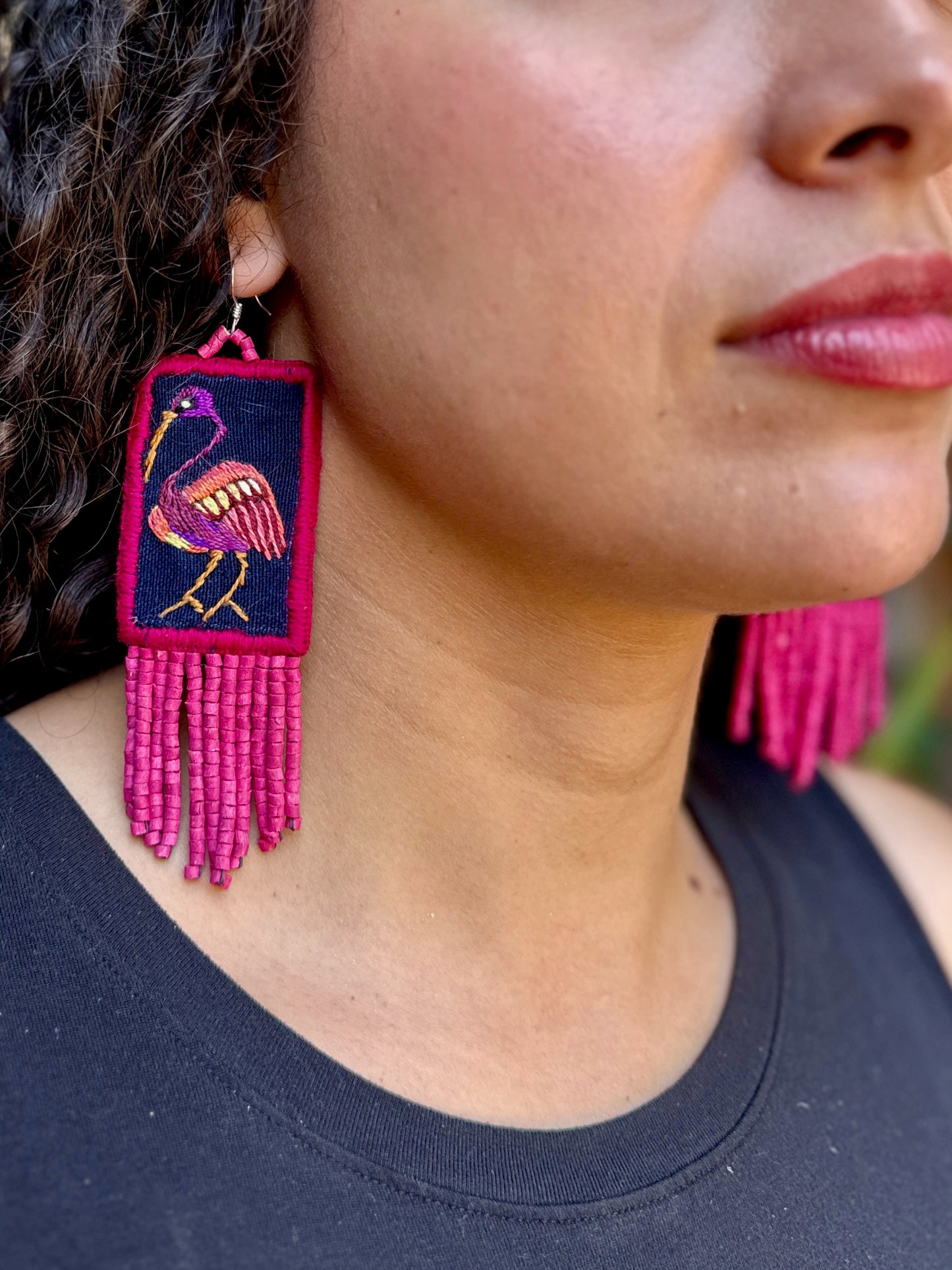 Handmade Guatemalan Embroidered Ibis Inspired Bird Earrings with Clay Bead Fringes and Silver Hooks, magenta