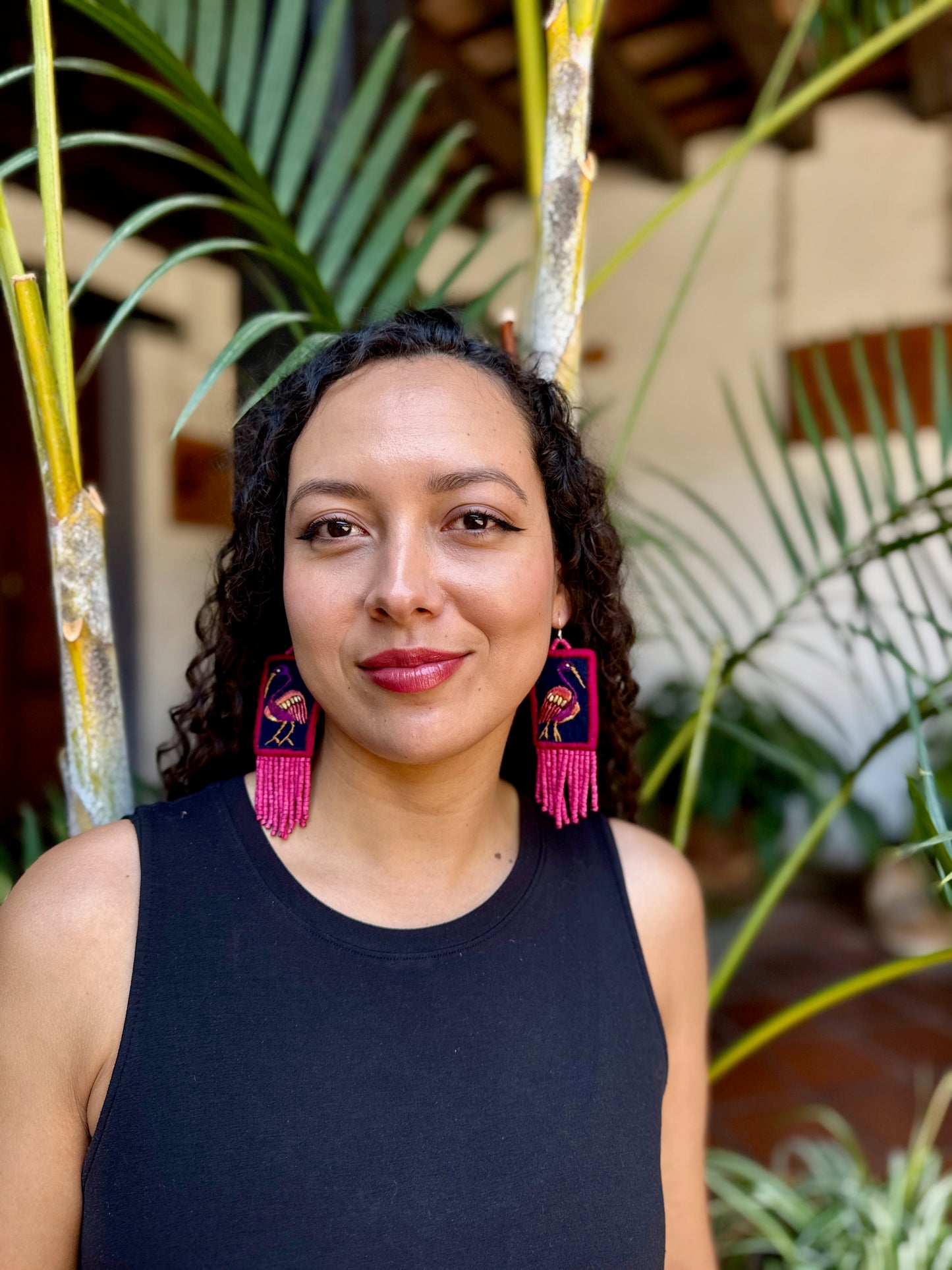 Handmade Guatemalan Embroidered Ibis Inspired Bird Earrings with Clay Bead Fringes and Silver Hooks, magenta