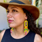 Handmade Beaded Earrings with Ceremonial Textile from Aguacatán and Clay Bead Drops, yellow rectangle