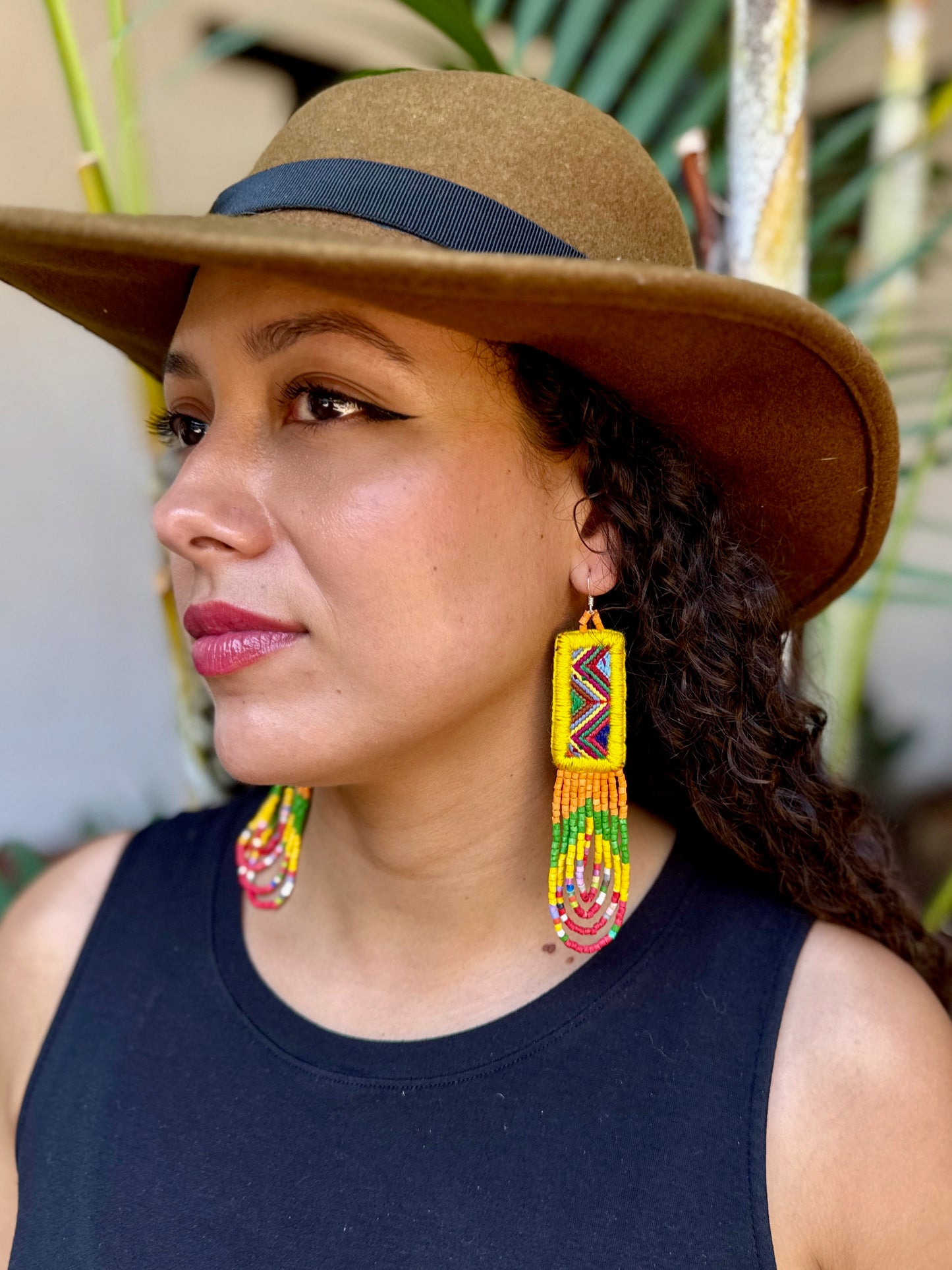 Handmade Beaded Earrings with Ceremonial Textile from Aguacatán and Clay Bead Drops, yellow rectangle