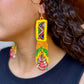 Handmade Beaded Earrings with Ceremonial Textile from Aguacatán and Clay Bead Drops, yellow rectangle