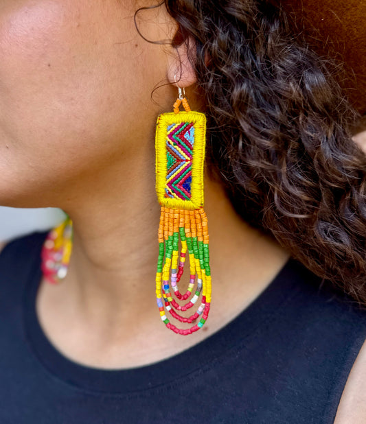 Handmade Beaded Earrings with Ceremonial Textile from Aguacatán and Clay Bead Drops, yellow rectangle